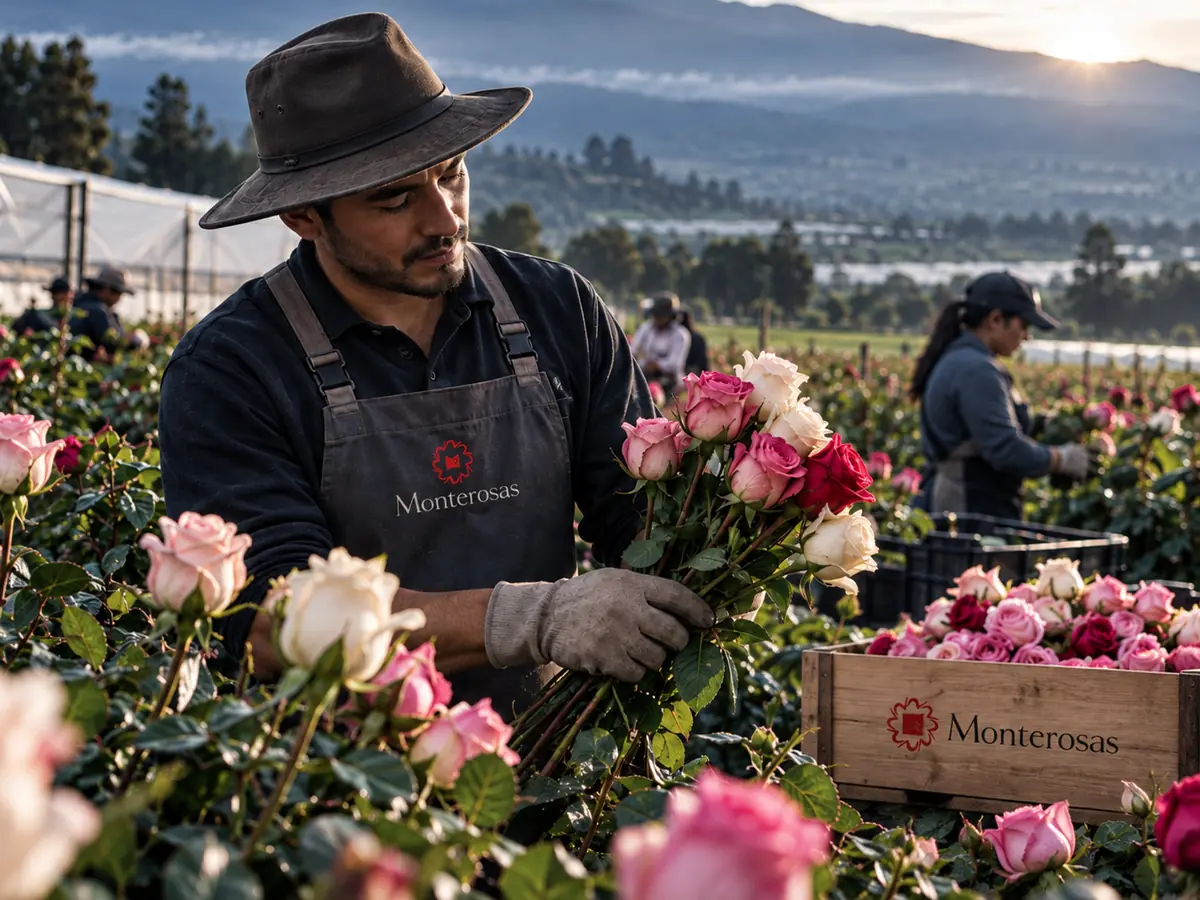 Trabajadores entre las hileras de un invernadero de rosas