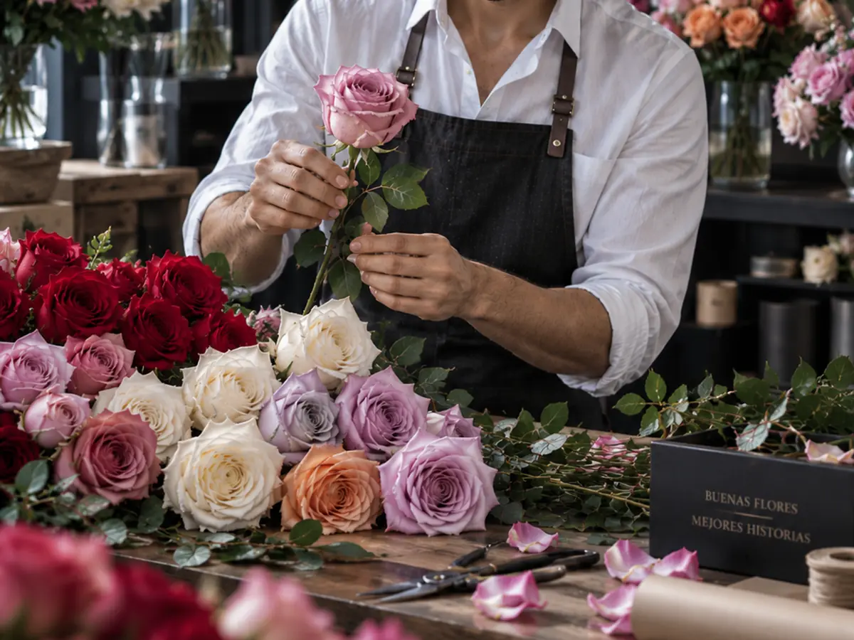 Una diseñadora escogiendo rosas para un arreglo
