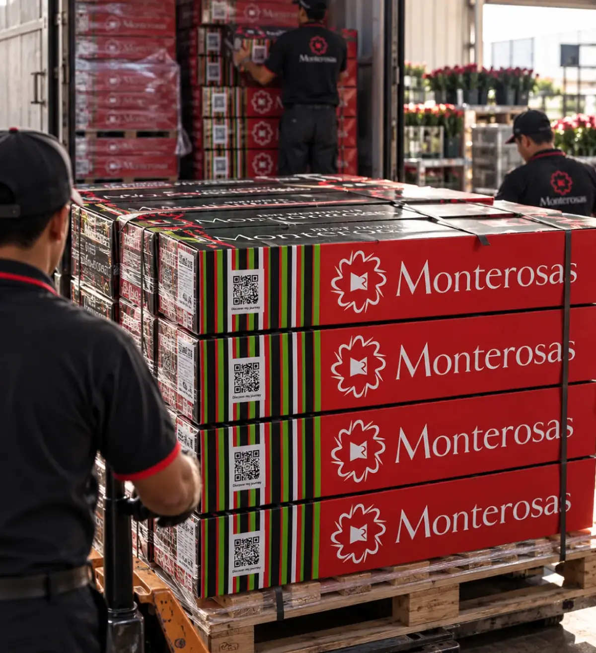 Pallets de cajas Monterosas cargándose en un camión